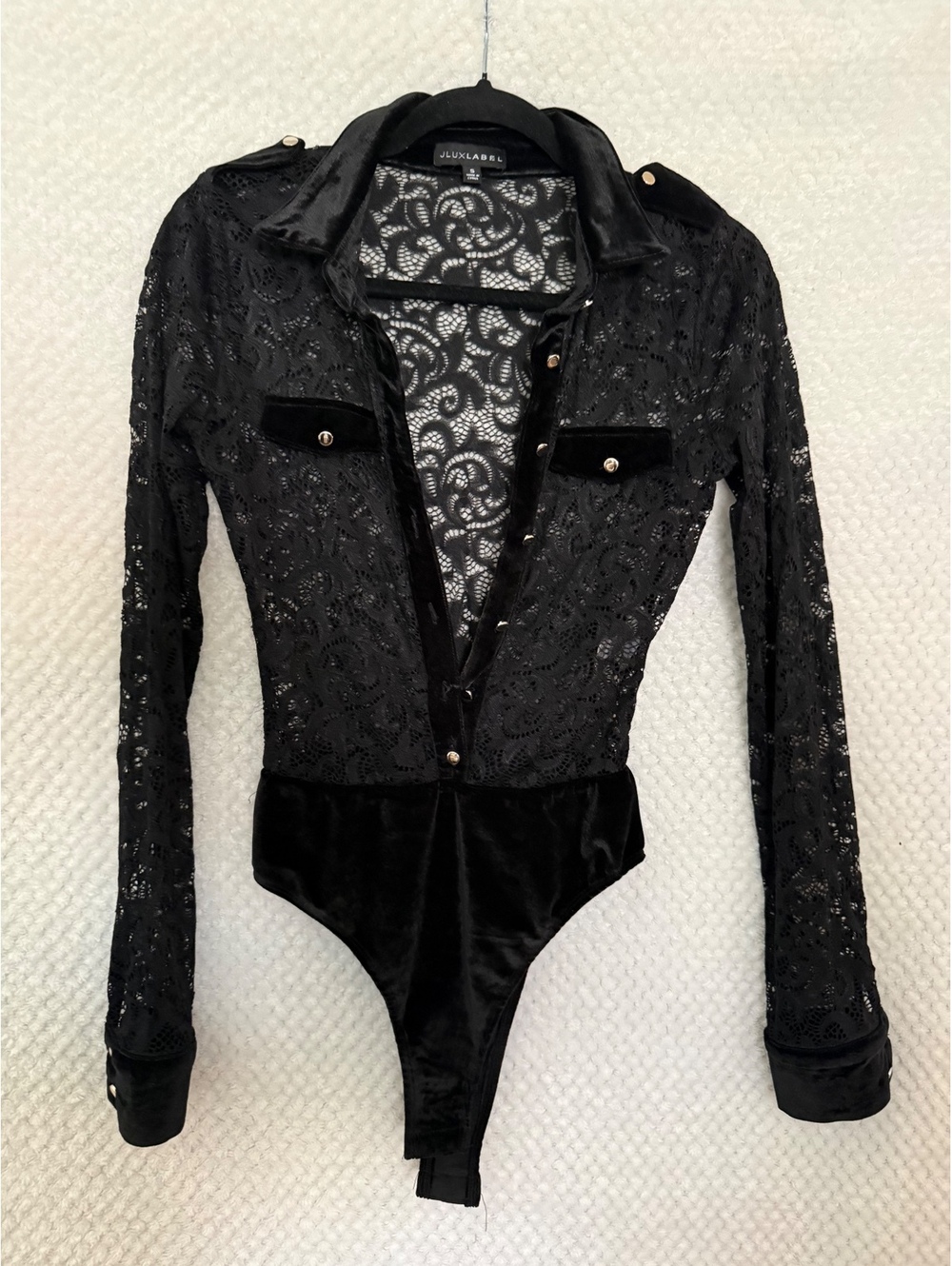 JLUXLABEL Black Lace and Velvet Long Sleeve Bodysuit Size S